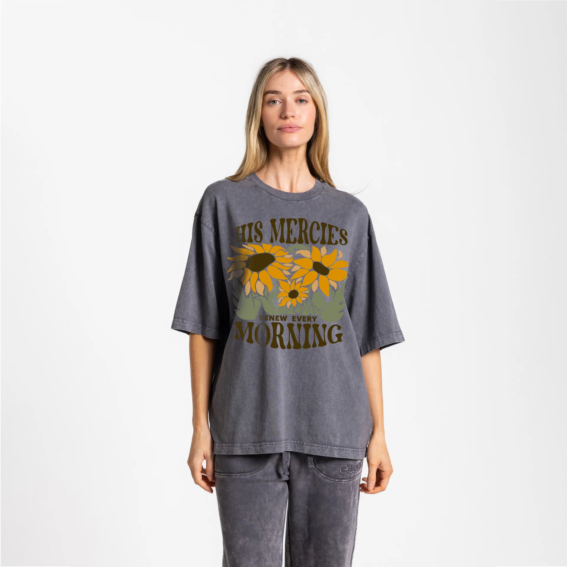His Mercies Tee Boxy Tee Mineral Wash - Dark Shadow
