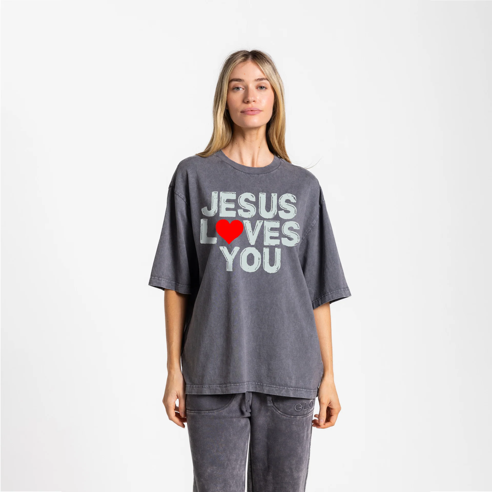 Jesus Loves You Boxy Tee Mineral Wash - Dark Shadow