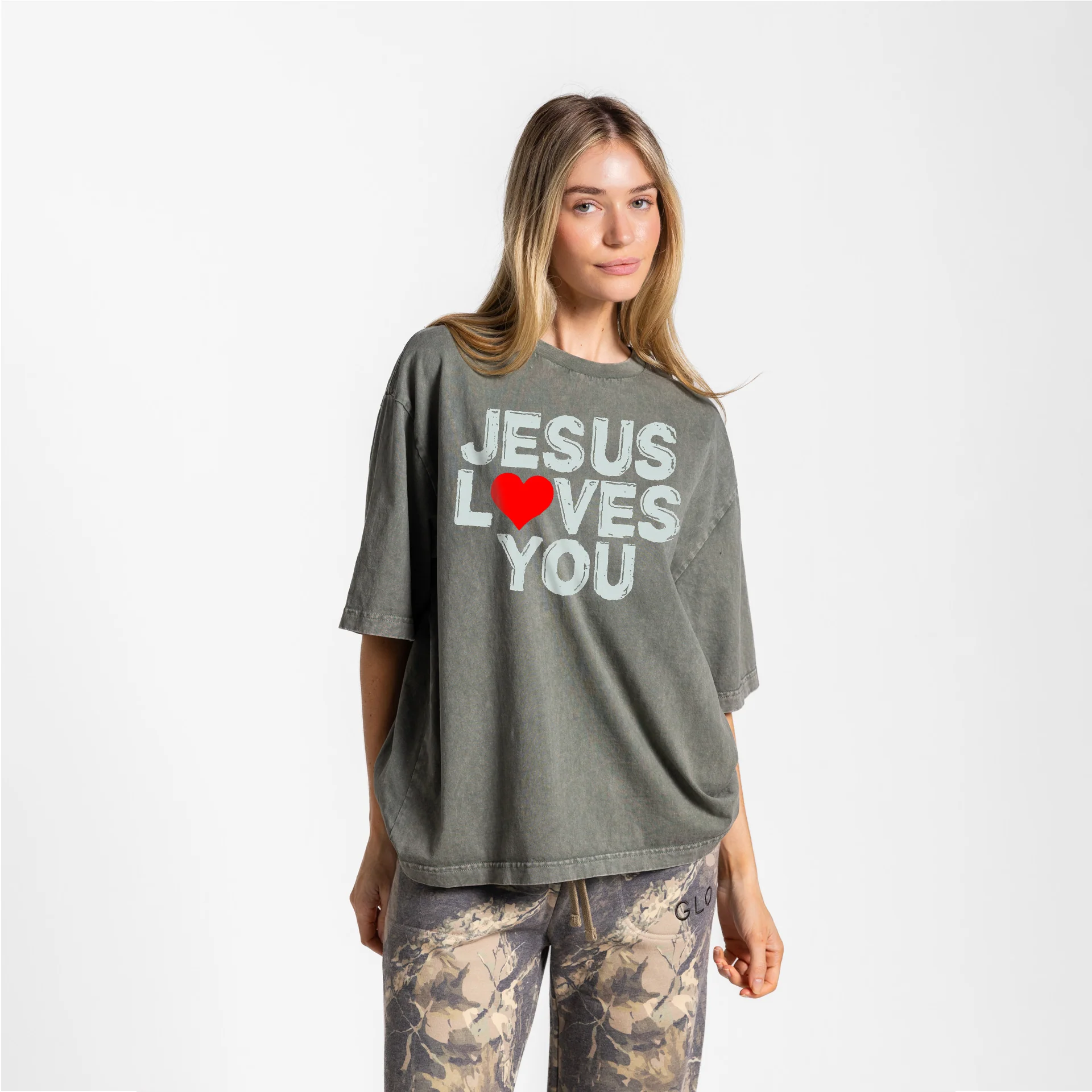 Jesus Loves You Boxy Tee Mineral Wash - Thyme